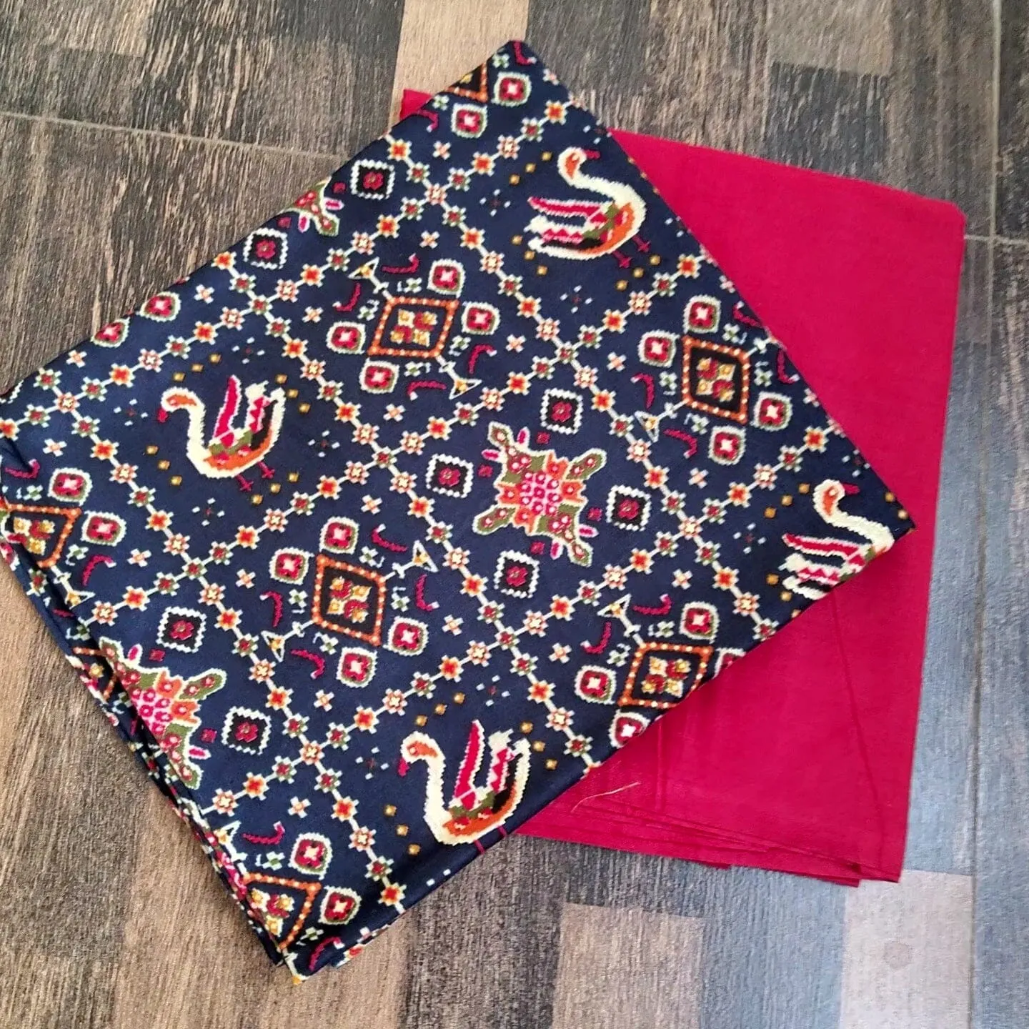 Blue Red PATOLA Print Satin Cotton Top Bottom Set