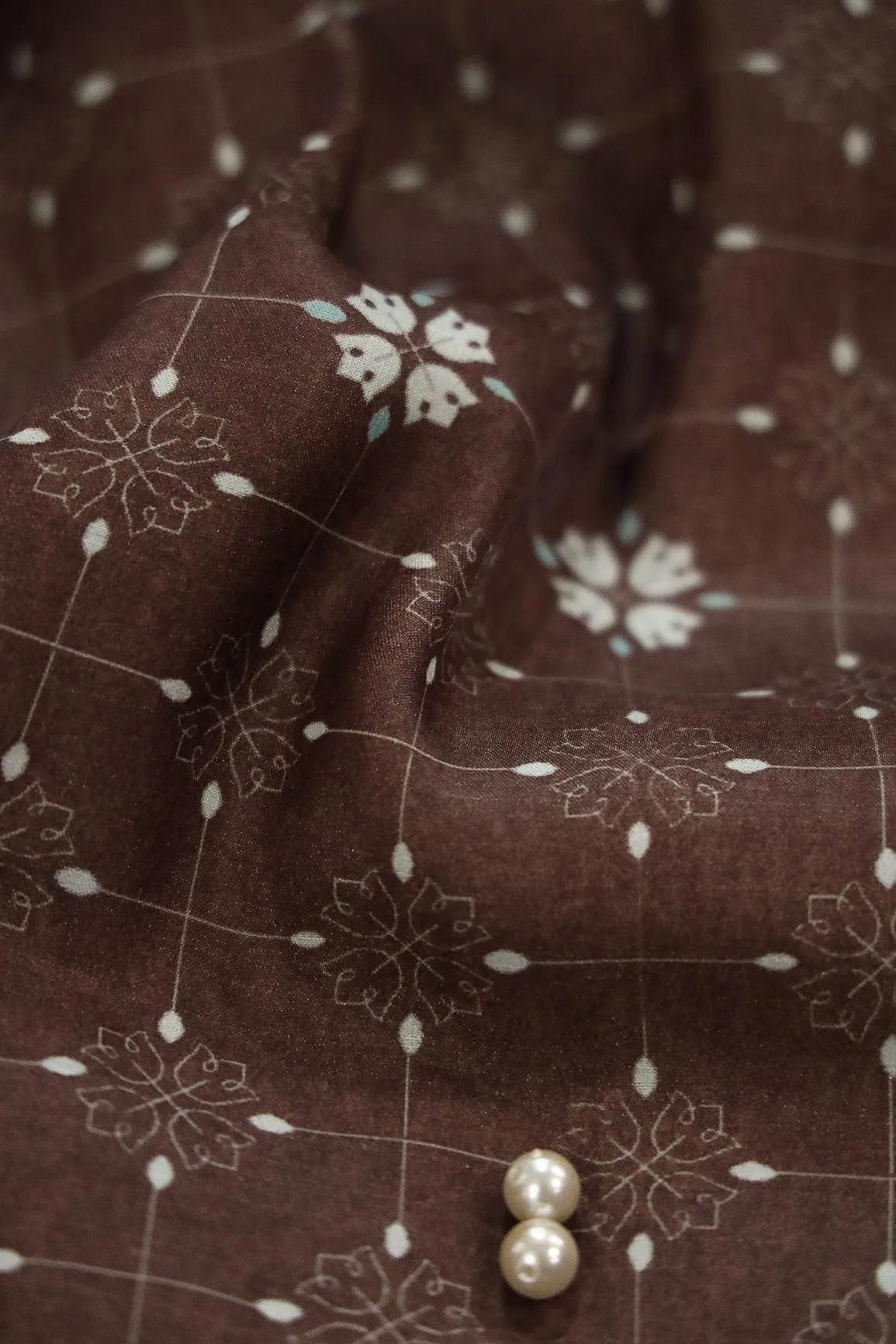 Brown Floral Geometric Digital Print on Tussar Satin Fabric
