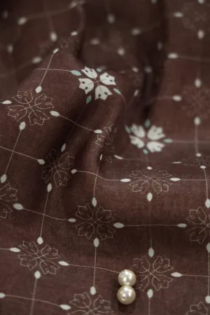 Brown Floral Geometric Digital Print on Tussar Satin Fabric