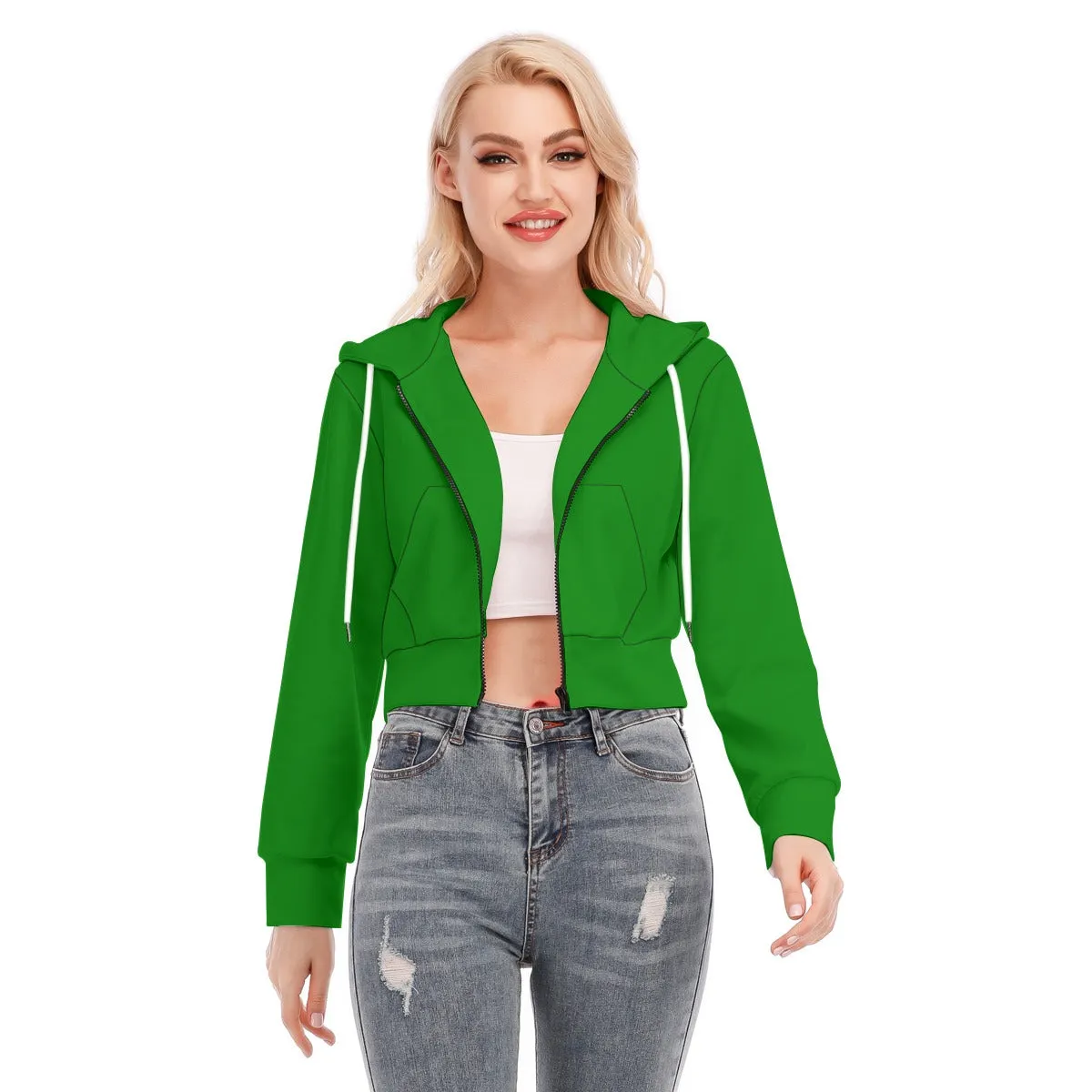 Green Women's Crop Top Hoodie With Zipper Closure
