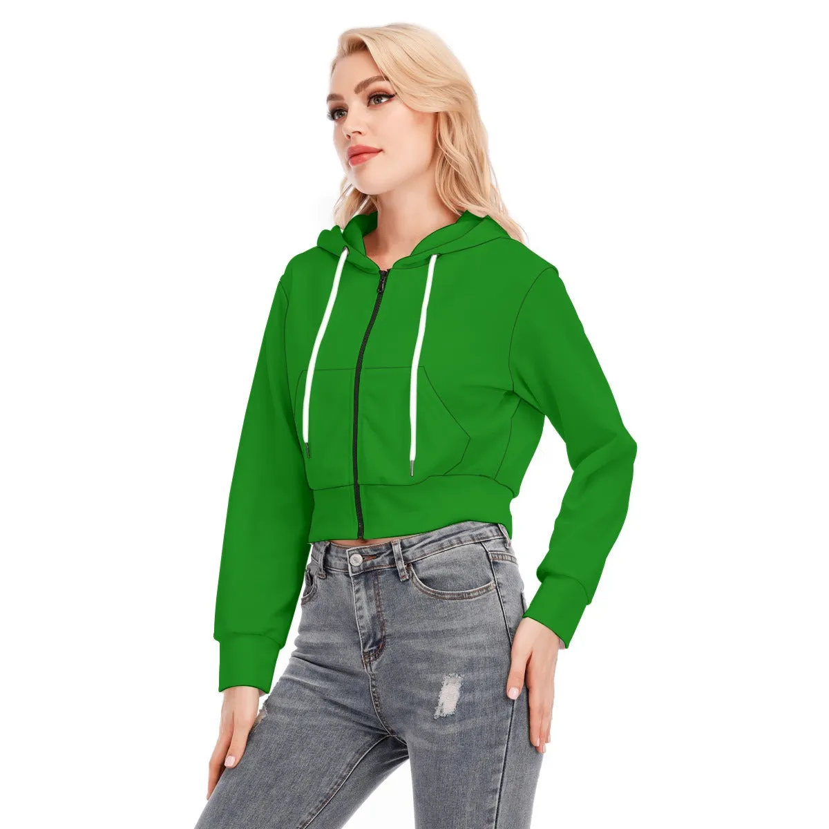 Green Women's Crop Top Hoodie With Zipper Closure