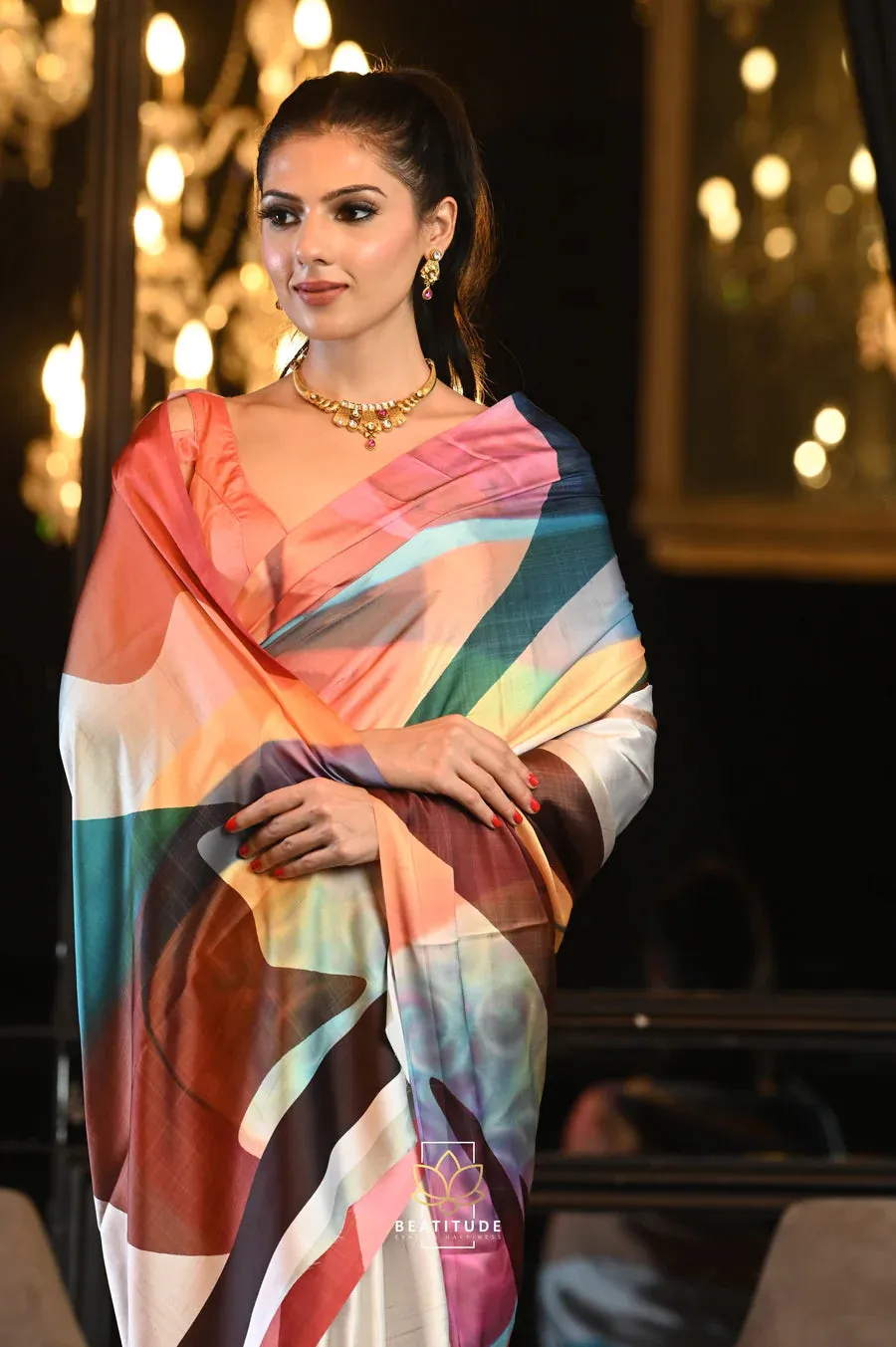 Multi-Color Digital Print Satin Crepe Saree