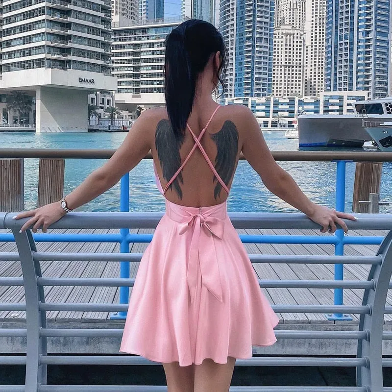 Satin Sexy Backless Sleeveless Mini Dresses Spaghetti Straps