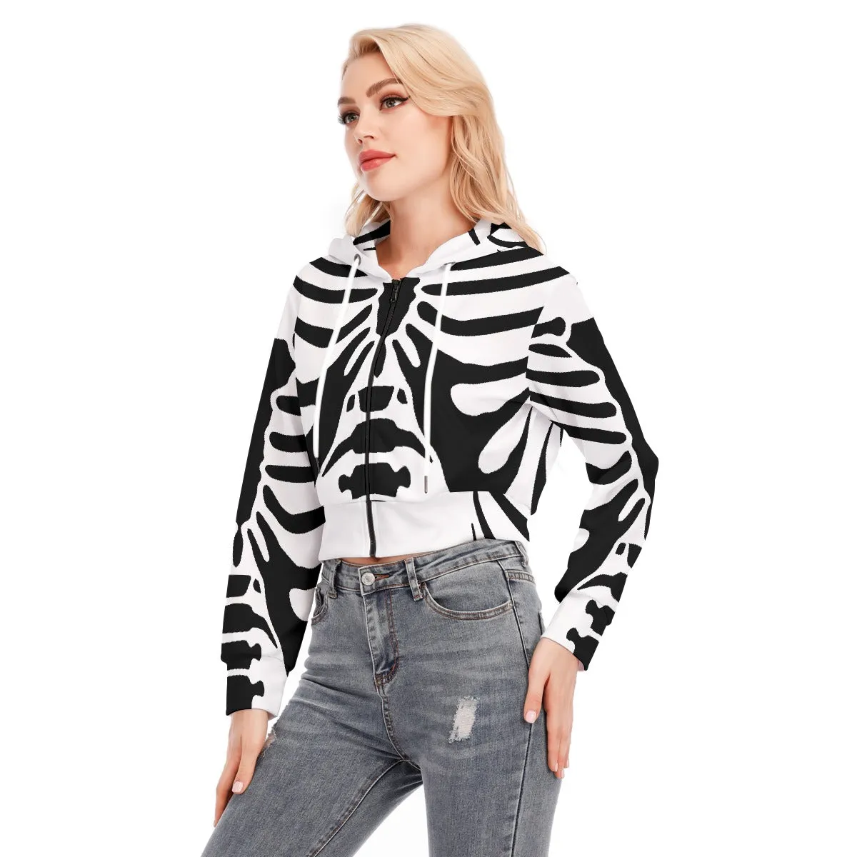 White and Black Crop Top Hoodie With Zipper Closure