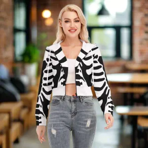 White and Black Crop Top Hoodie With Zipper Closure